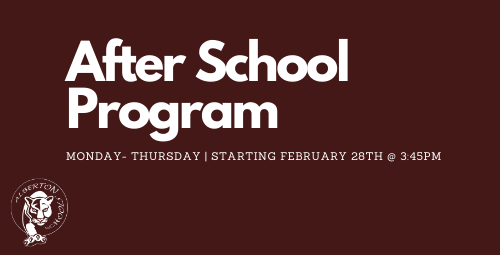 On a maroon background with white lettering: After School Program , Monday-Thursday, Starting Feb 28th at 3:45pm - Logo in lower left corner